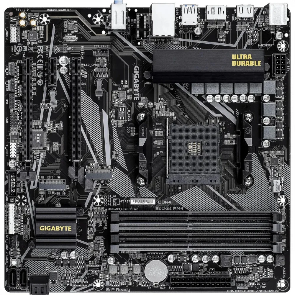 Материнская плата, Gigabyte, B550M DS3H R2 (4719331870454), AM4, B550, 4xDDR4 3200, 4xSATA3, 2xM.2 (1*PCIe 4.0x4/x2 & SATA. 1*PCIe 3.0x2), RAID, 1xHDMI, 1хDP, 2xPCI-Ex16, 1xPCI-Ex1, mATX