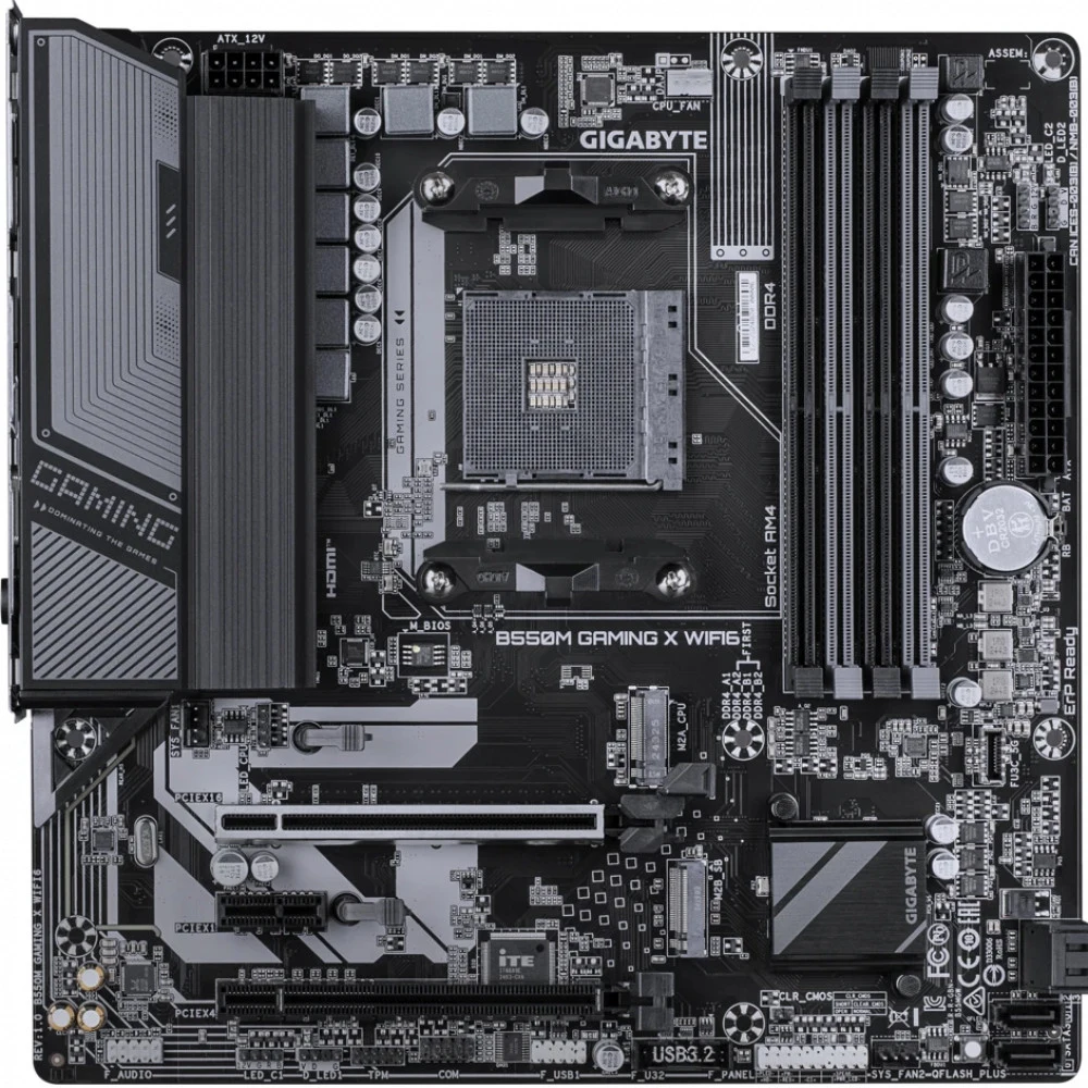 Материнская плата, Gigabyte, B550M GAMING X WIFI6 (4719331870096), AM4, B550, 4xDDR4 3200, 4xSATA3, 2xM.2 (1*PCIe 4.0x4/x2 & SATA. 1*PCIe 3.0x2 & SATA), RAID, 1xHDMI, 1хDP, 2xPCI-Ex16, 1xPCI-Ex1, Wi