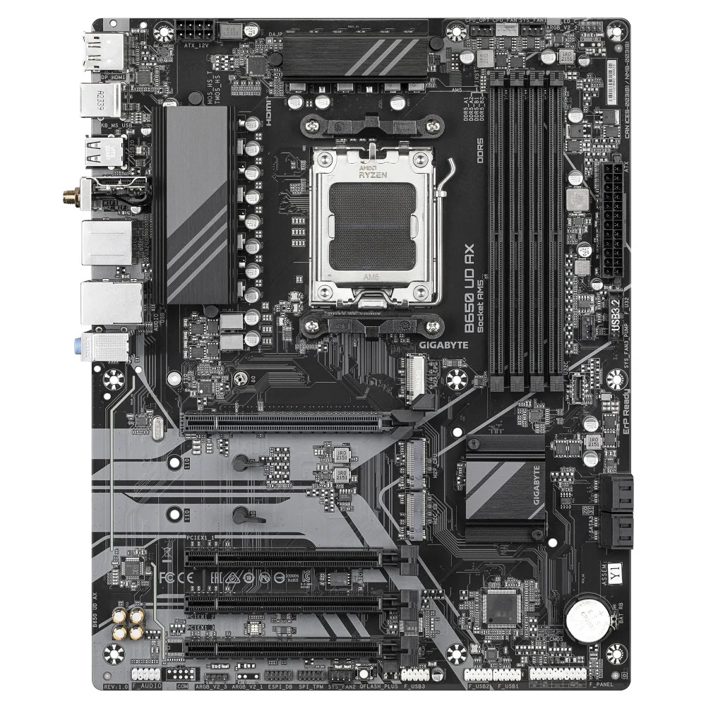 Материнская плата, Gigabyte, B650 UD AX-Y1 (4719331863944), AM5, B650, 4xDDR5 4800/5200/7600(OC), 4xSATA3, 3xM.2 (PCIe 4.0 x4/x2), RAID, 1xHDMI, 1хDP, 4xPCI-Ex16, WiFi, ATX