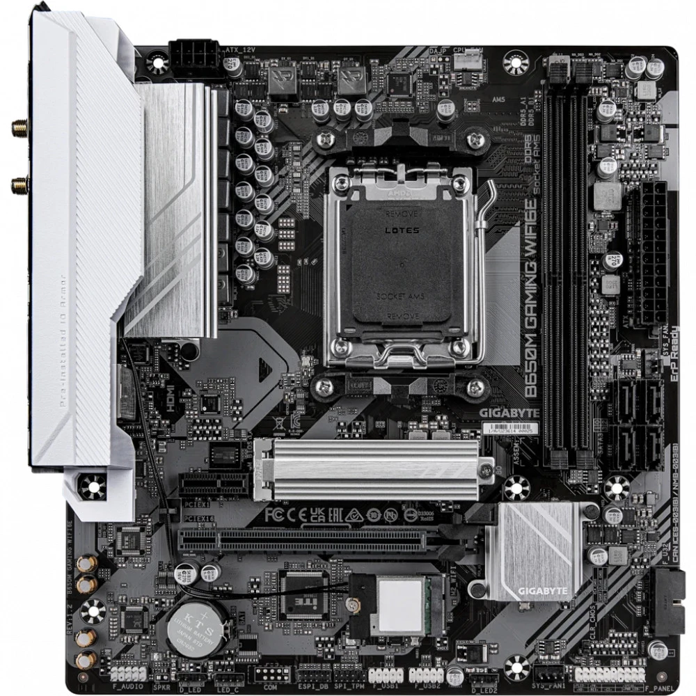 Материнская плата, Gigabyte, B650M GAMING WIFI6E (4719331867942), AM5, B650, 2xDDR5 4400/4800/5200/6400(OC), 4xSATA3, 1xM.2 (PCIe 4.0 x4/x2), RAID, 1xHDMI, 1хD-Sub, 1xPCI-Ex16, 1xPCI-Ex1, WiFi, mATX