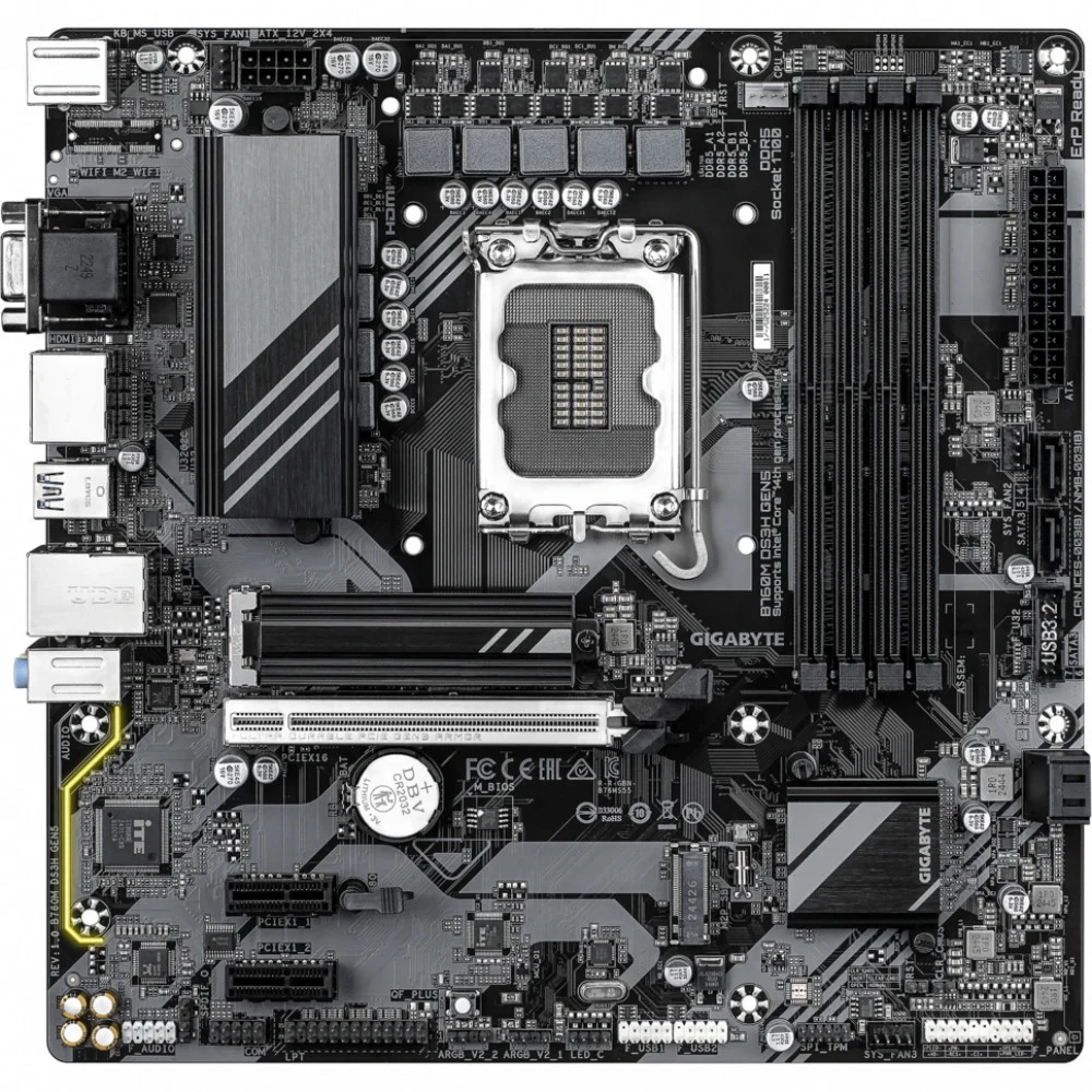 Материнская плата, Gigabyte, B760 DS3H GEN5 (4719331872892), LGA1700, iB760, 4xDDR5 4400/4800/5200/5600, 4xSATA3, 2xM.2 (PCI-E 4.0x4/x2), Raid, 1хDP, 1xHDMI, 5xPCI-Ex16, ATX
