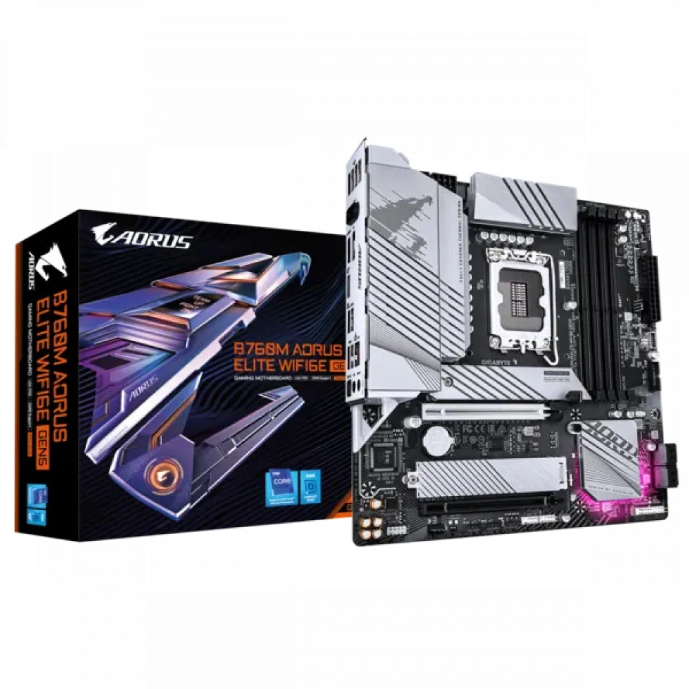 Материнская плата Gigabyte B760M AORUS ELITE WIFI6E GEN5, Socket 1700, Intel®B760, 4xDDR5-4800, HDMI+DP, 2xPCI-Ex16, 4xSATA3(RAID 0/1/5/10), 2xM.2, 8Ch Audio, 1x2.5GLan, WiFi, (4+4)xUSB2.0, (4+2)xUS