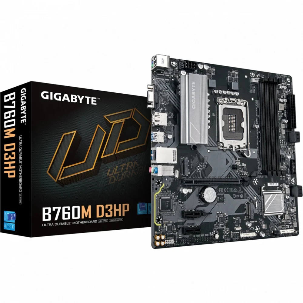 Материнская плата, Gigabyte, B760M D3HP (4719331864347), LGA1700, iB760, 4xDDR5 4400/4800/5200/5600, 4xSATA3, 2xM.2 (PCI-E 4.0x4/x2), Raid, 1xD-Sub, 1хDP, 1xHDMI, 1xPCI-Ex16, 2xPCI-Ex1, mATX