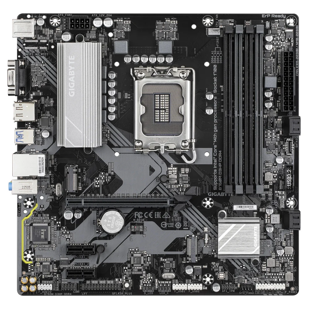 Материнская плата Gigabyte B760M D3HP DDR4, RTL Socket 1700, Intel®B760, 4xDDR4-3200, D-SUB+HDMI+DP, 1xPCI-Ex16, 2xPCI-Ex1, 4xSATA3(RAID 0/1/5/10), 2xM.2, 8Ch Audio, GLan, (2+4)xUSB2.0, (3+2)xUSB3.2