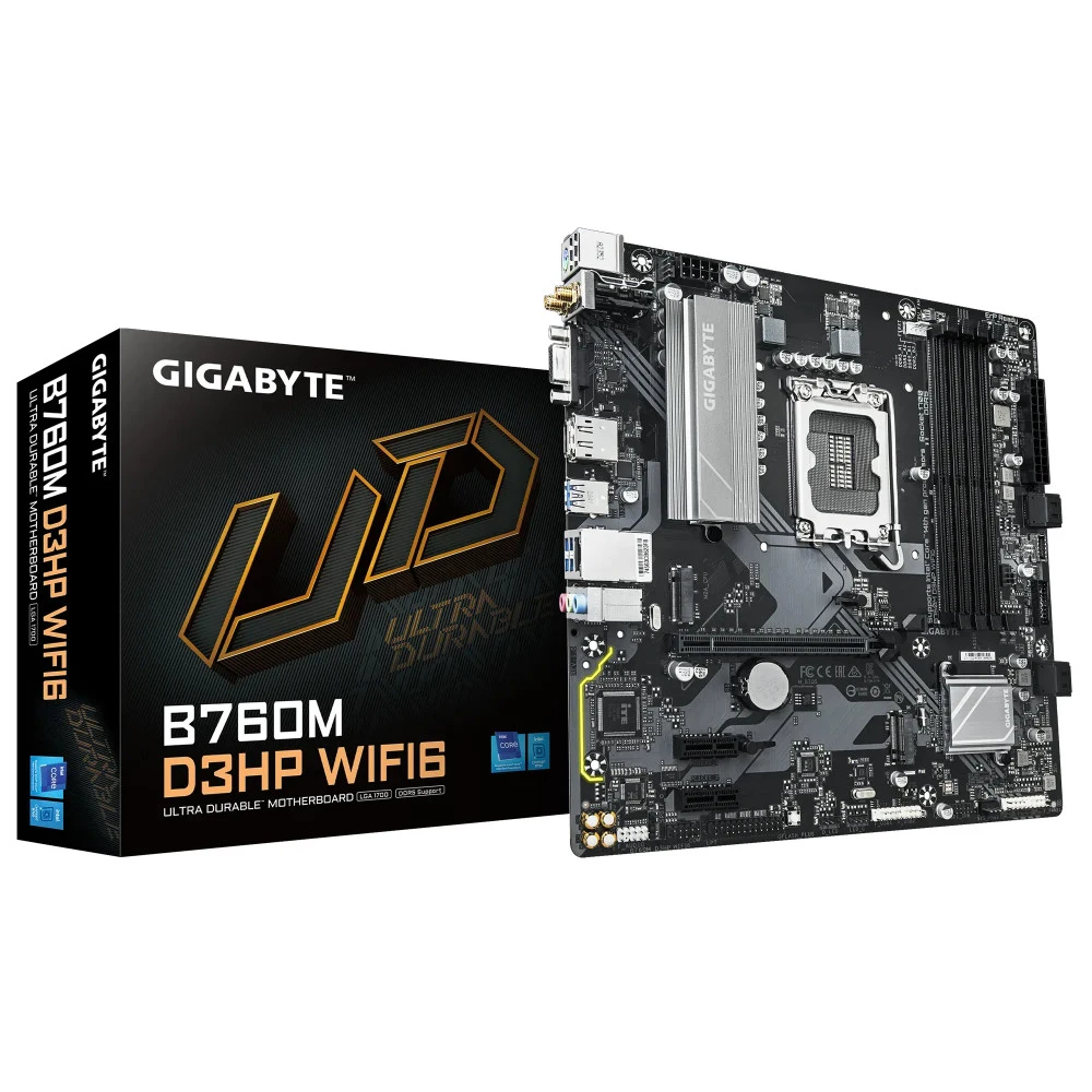Материнская плата, Gigabyte, B760M D3HP WIFI6 (4719331867638), LGA1700, iB760, 4xDDR5 4000/4800/5200/5600, 4xSATA3, 2xM.2 (PCI-E 4.0x4/x2), Raid, 1xD-Sub, 1хDP, 1xHDMI, 1xPCI-Ex16, 2xPCI-Ex1, WiFi,