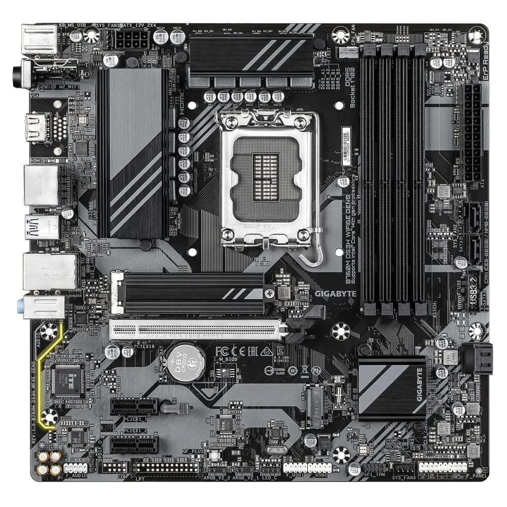 Материнская плата, Gigabyte, B760M DS3H WIFI6E GEN5 (4719331872809), LGA1700, iB760, 4xDDR5 4400/4800/5200/5600/7600(OC), 4xSATA3, 2xM.2 (PCI-E 4.0x4/x2), Raid, 2хDP, 1xHDMI, 3xPCI-Ex16, WiFi, mATX