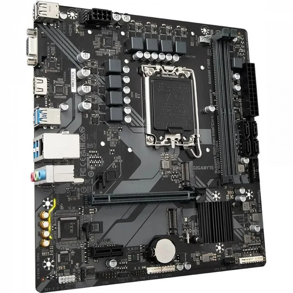Материнская плата Gigabyte B760M H DDR4, Socket 1700, Intel®B760, 2xDDR4-3200, D-SUB+HDMI, 1xPCI-Ex16, 1xPCI-Ex1, 4xSATA3(RAID 0/1/5/10), 2xM.2, 8Ch Audio, 2,5GbLan, (2+4)xUSB2.0, (4+2)xUSB3.2, mATX
