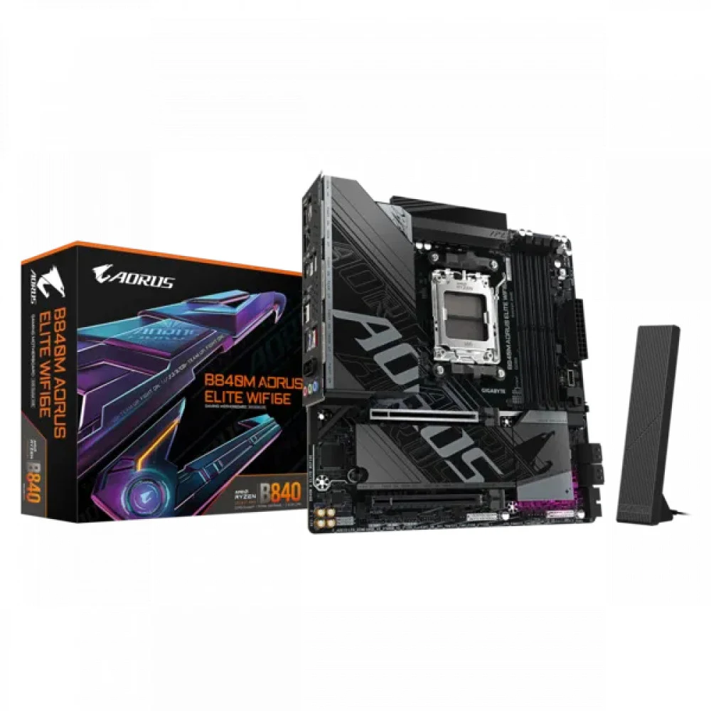 Матплата Gigabyte B840M Aorus Elite WiFi6E Rev.1.1,AM5,mATX,4DDR-5,2xPCI-Ex16,4SATA,2M.2,HDMI,DP,15U