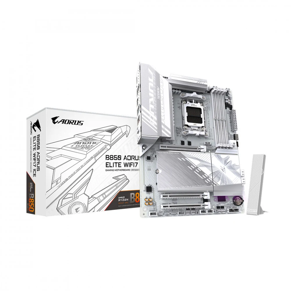 Сист.плата Gigabyte B850 A ELITE WF7 ICE, B850, 4xDDR5, PCI-E5 x16, 3xM.2, SATA6, HDMI, DPx2, Wi-Fi7, LAN2.5GbE, BOX