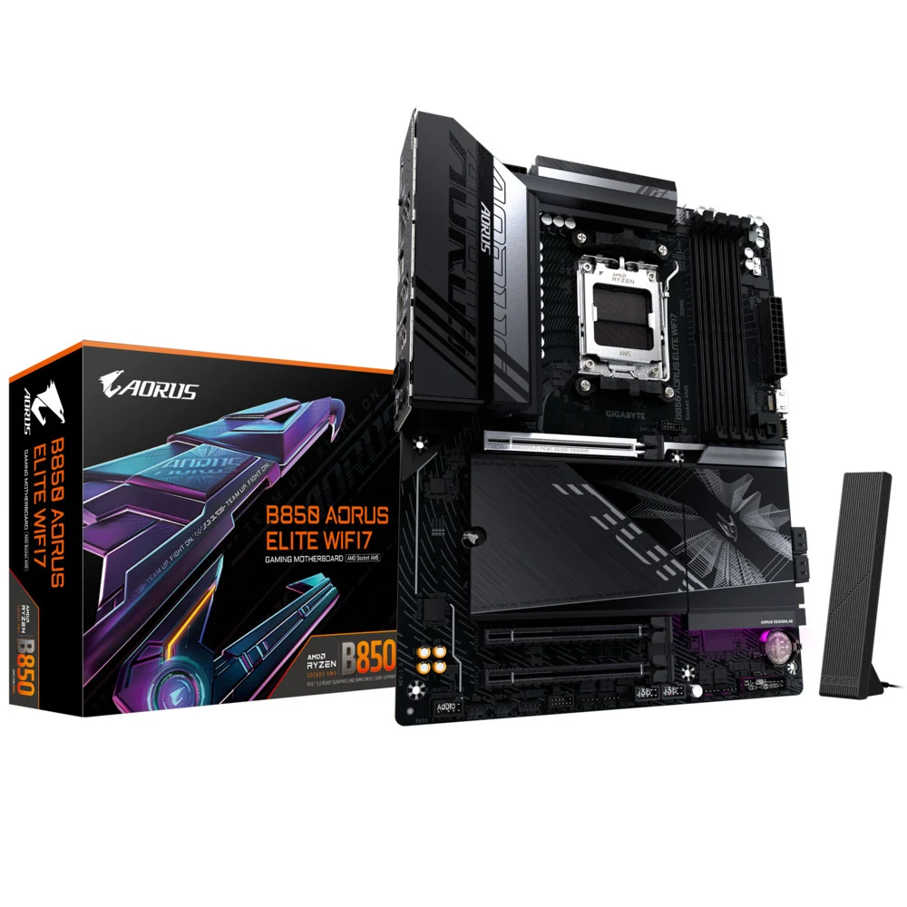 Материнская плата Gigabyte B850 AORUS ELITE WIFI7, Socket AM5, AMD B850, 4xDDR5-5200, HDMI+DP, 3xPCI-Ex16, 4xSATA3(RAID 0/1/10), 3xM.2, 8 Ch Audio, 1x2,5GLan, WiFi, (4+4)xUSB2.0, (7+2)xUSB3.2, (1+1)
