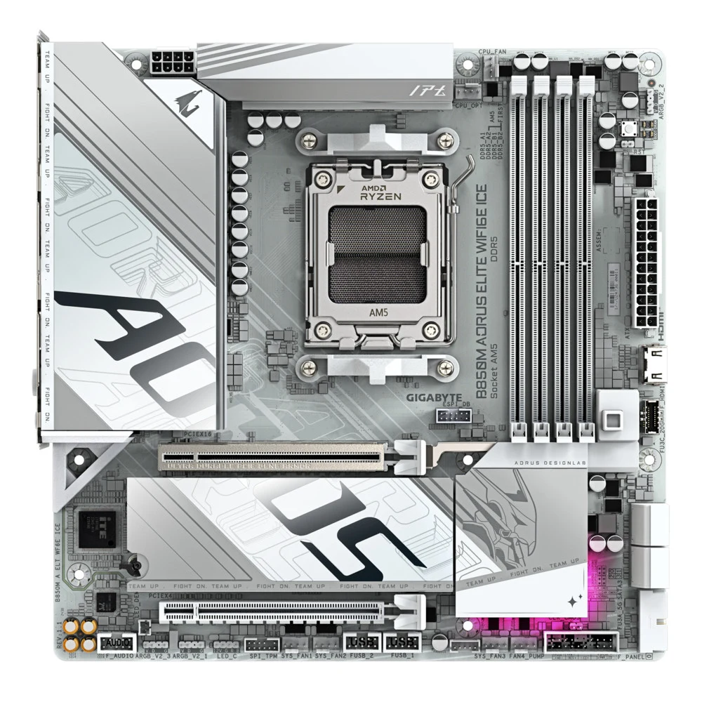 Материнская плата, Gigabyte, B850M AORUS ELITE WIFI6E ICE (4719331866082), AM5, B850, 4xDDR5 4400/4800/5200/8200(OC), 4xSATA3, 2xM.2 (PCIe 4.0 x4/x2), RAID, 1 x Front HDMI port, 1хDP, 2xPCI-Ex16, Wi
