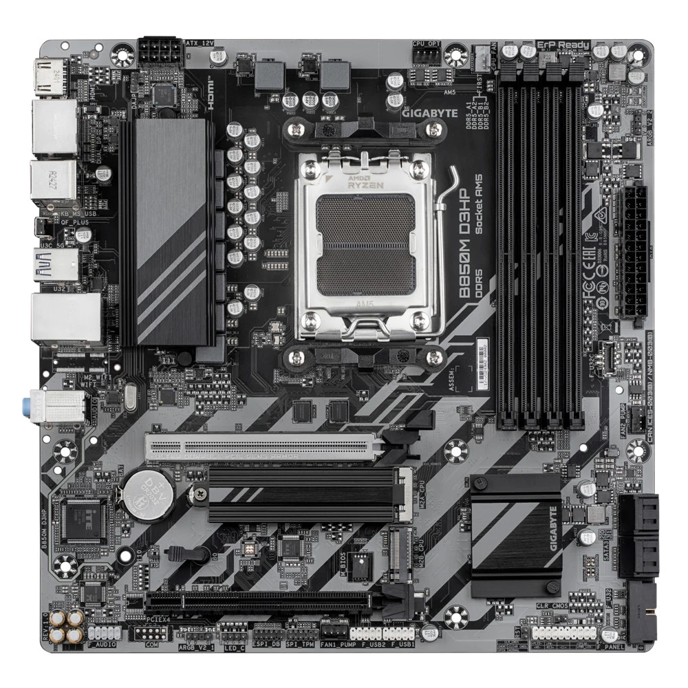 Материнская плата, Gigabyte, B850M D3HP (4719331867058), AM5, B850, 4xDDR5 4400/4800/5200/8200(OC), 4xSATA3, 2xM.2 (PCIe 4.0 x4/x2), RAID, 1xHDMI, 2хDP, 2xPCI-Ex16, mATX