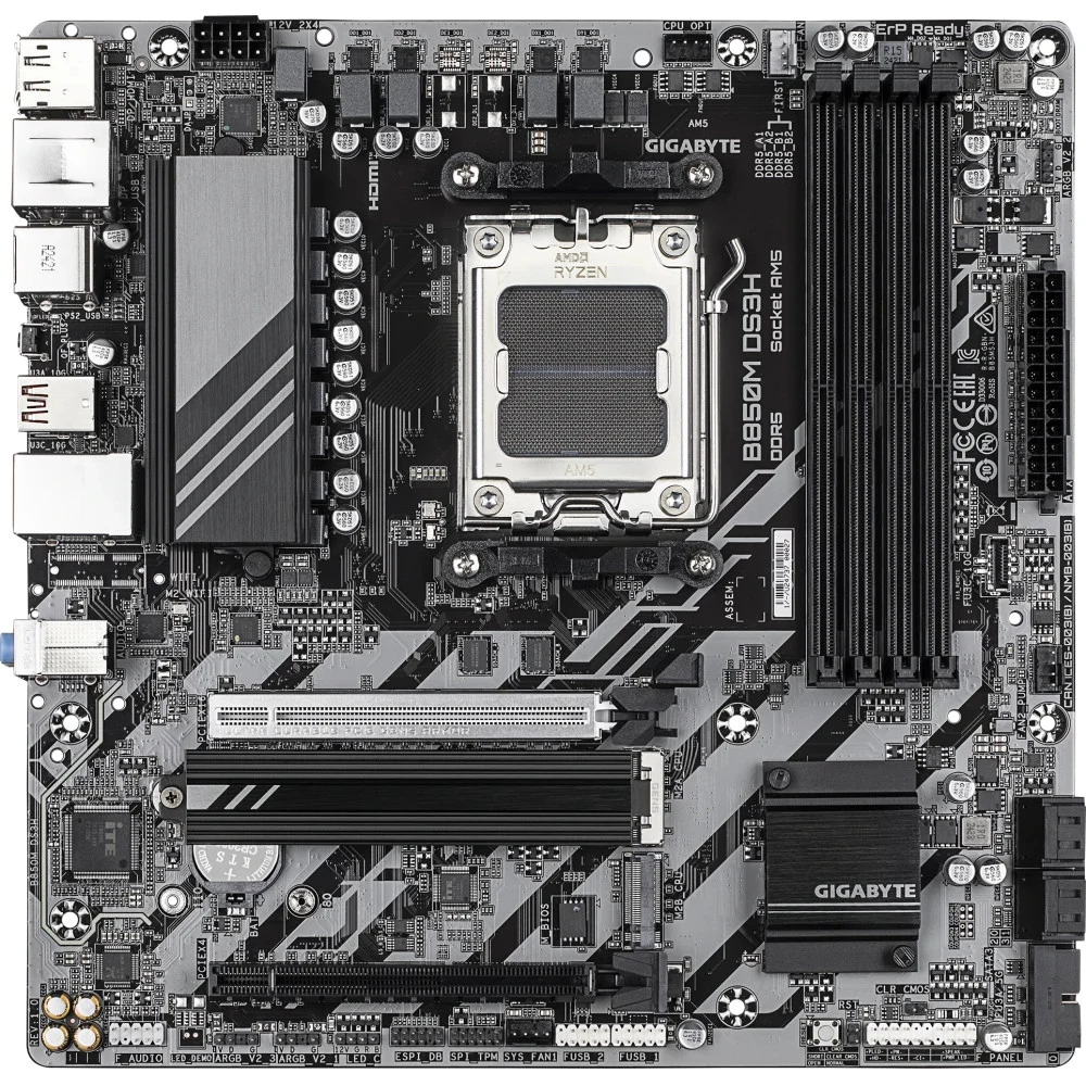 Материнская плата, Gigabyte, B850M DS3H (4719331866518), AM5, B850, 4xDDR5 4400/4800/5200/8200(OC), 4xSATA3, 2xM.2 (PCIe 4.0 x4/x2), RAID, 1xHDMI, 2хDP, 2xPCI-Ex16, mATX