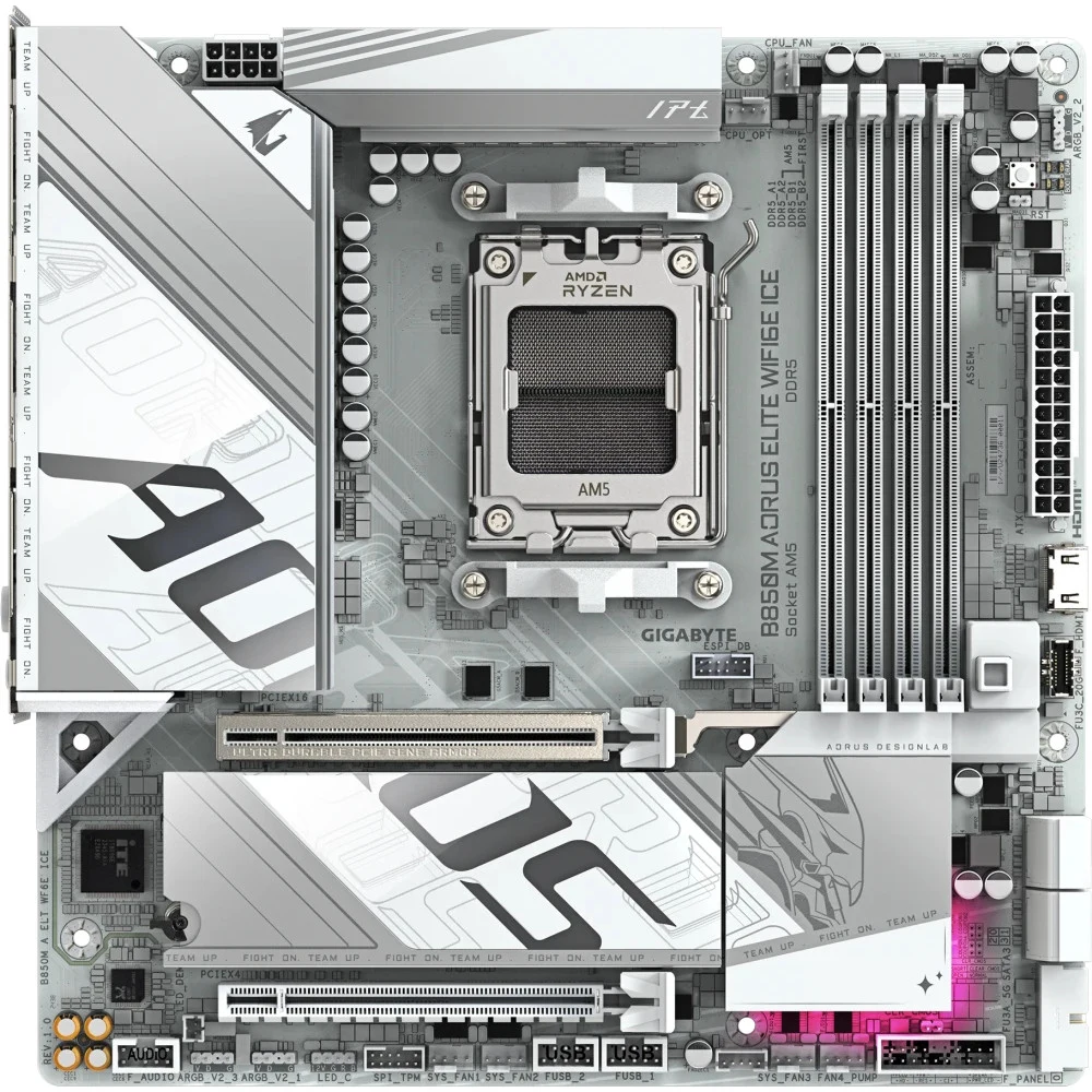 Материнская плата, Gigabyte, B850M EAGLE WIFI6E ICE (4719331871789), AM5, B850, 4xDDR5 4400/4800/5200/8200(OC), 4xSATA3, 2xM.2 (PCIe 4.0 x4/x2), RAID, 1xHDMI, 2хDP, 2xPCI-Ex16, WiFi, mATX