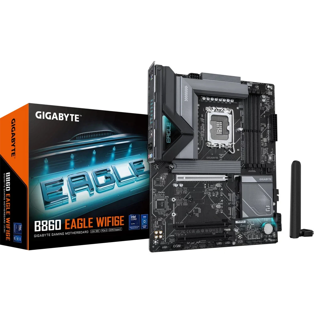 Материнская плата, Gigabyte, B860 EAGLE WIFI6E (4719331866822), LGA1851, iB860, 4xDDR5 5600/6400/9066(OC), 4xSATA3, Raid, 3xM.2 (PCI-E 4.0x4/x2), 1хDP, 1xHDMI, 3xPCI-Ex16, WiFi, ATX