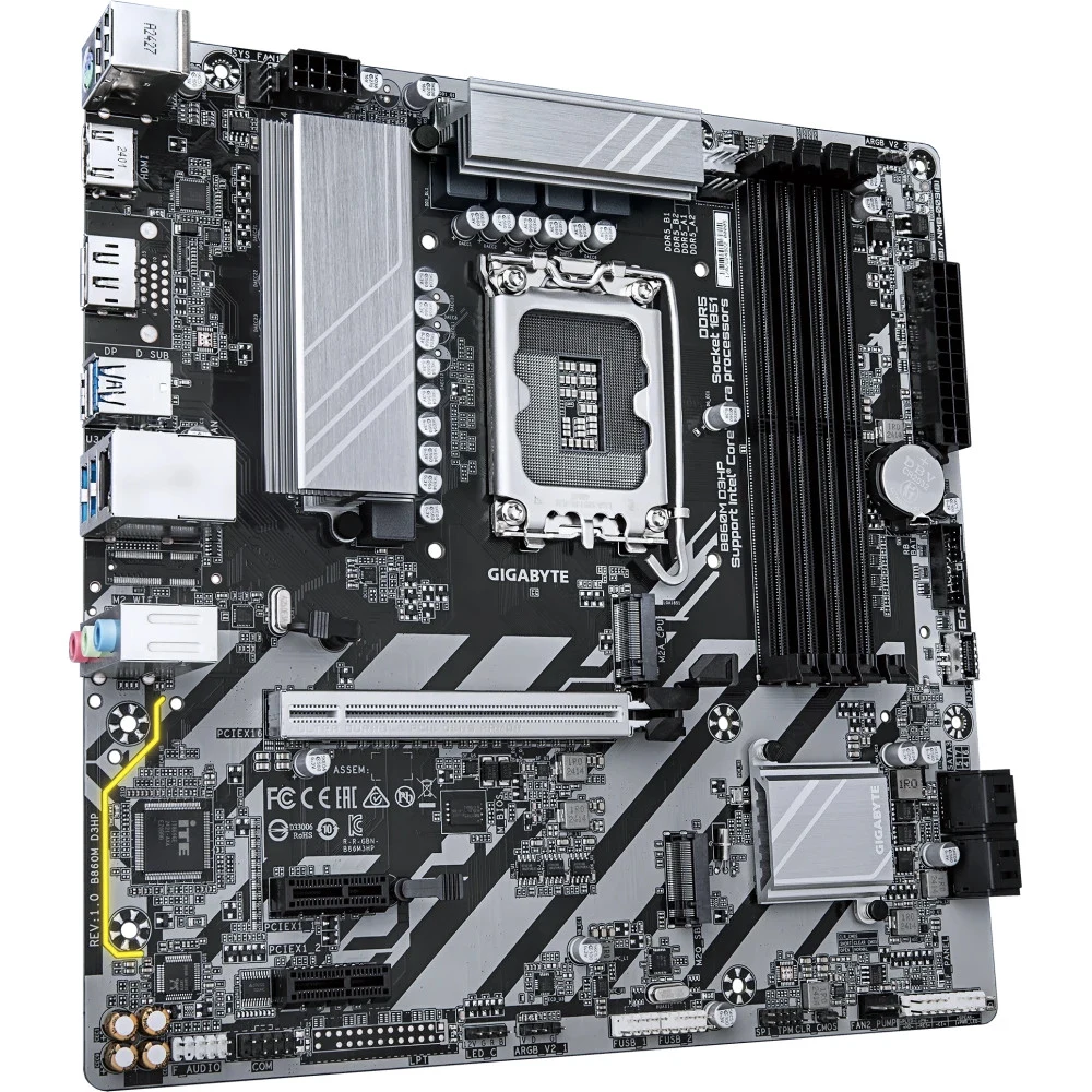 Материнская плата, Gigabyte, B860M D3HP (4719331866860), LGA1851, iB860, 4xDDR5 5600/6400/9066(OC), 4xSATA3, Raid, 2xM.2 (PCI-E 4.0x4/x2), 1хDP, 1xHDMI, 3xPCI-Ex16, mATX