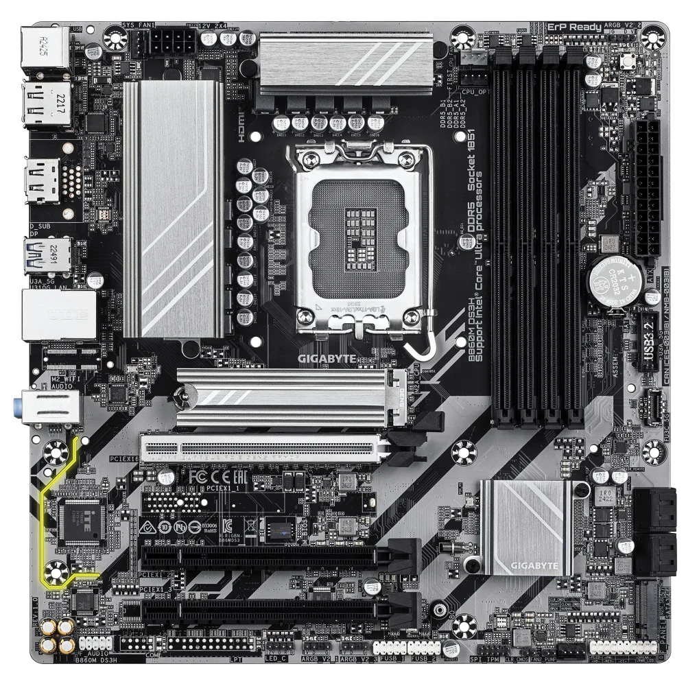 Материнская плата, Gigabyte, B860M DS3H (4719331866709), LGA1851, iB860, 4xDDR5 5600/6400/9066(OC), 4xSATA3, Raid, 2xM.2 (PCI-E 4.0x4/x2), 2хDP, 1xHDMI, 3xPCI-Ex16, ATX