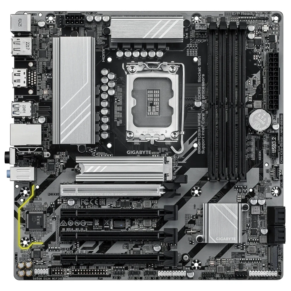Материнская плата, Gigabyte, B860M DS3H WIFI6E (4719331866815), LGA1851, iB860, 4xDDR5 5600/6500/9066(OC), 4xSATA3, Raid, 2xM.2 (PCI-E 4.0x4/x2), 2хDP, 1xHDMI, 4xPCI-Ex16, WiFi, mATX