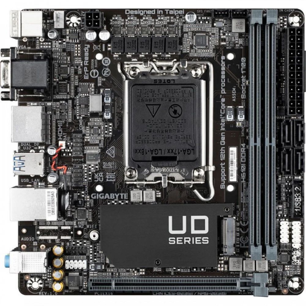 Материнская плата Gigabyte H610I DDR4, Socket 1700, Intel®Р610, 2xDDR4-3200, D-Sub+HDMI+DP+DP, 1xPCI-Ex16, 4xSATA3, 1xM.2, 8Ch Audio, 1xGLan, (4+4)xUSB2.0, (2+2)xUSB3.2, 1xPS/2, Mini-ITX, RTL {10} (