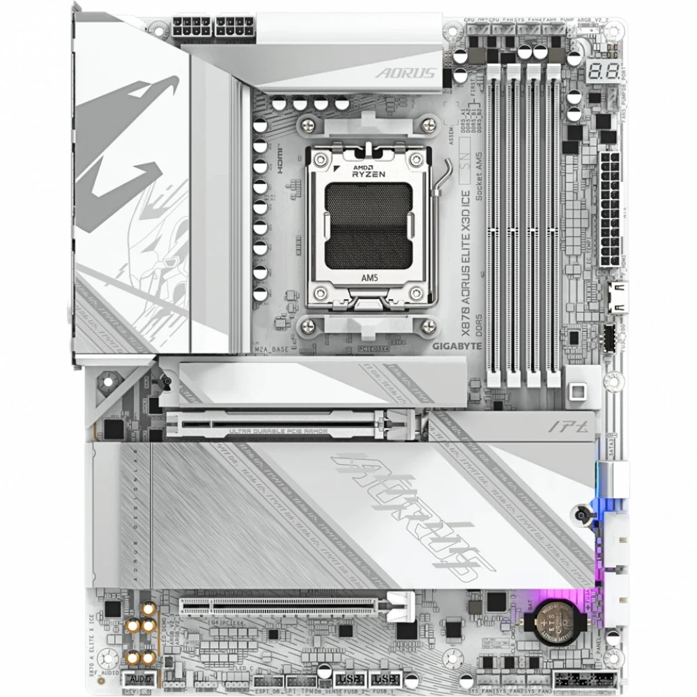 Материнская плата GIGABYTE X870 AORUS ELITE X3D ICE, AM5, X870, 4*DDR5, 2*SATA, 4*M.2, 6*USB 3.2, 1*USB 2.0, 2*Type-C, 3*PCIx16, HDMI, ATX