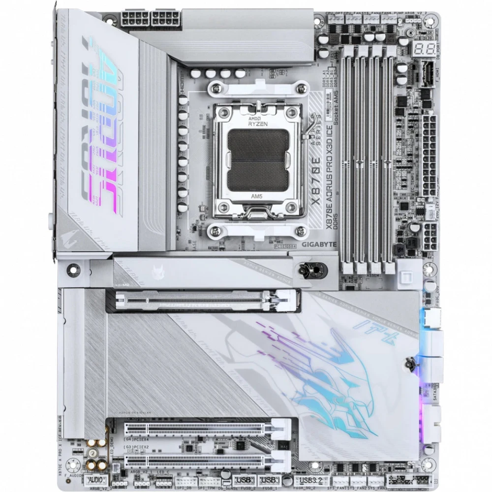 Материнская плата, Gigabyte, X870E AORUS PRO X3D ICE (4719331876487), AM5, X870E, 4xDDR5 4800/5200/9000(OC), 4xSATA3, 4xM.2 (3*PCIe 4.0 x4/x2. 1*PCIe 5.0 x4/x2), Raid, 1xHDMI, 2xUSB4 Type-C®, 1xPCI-