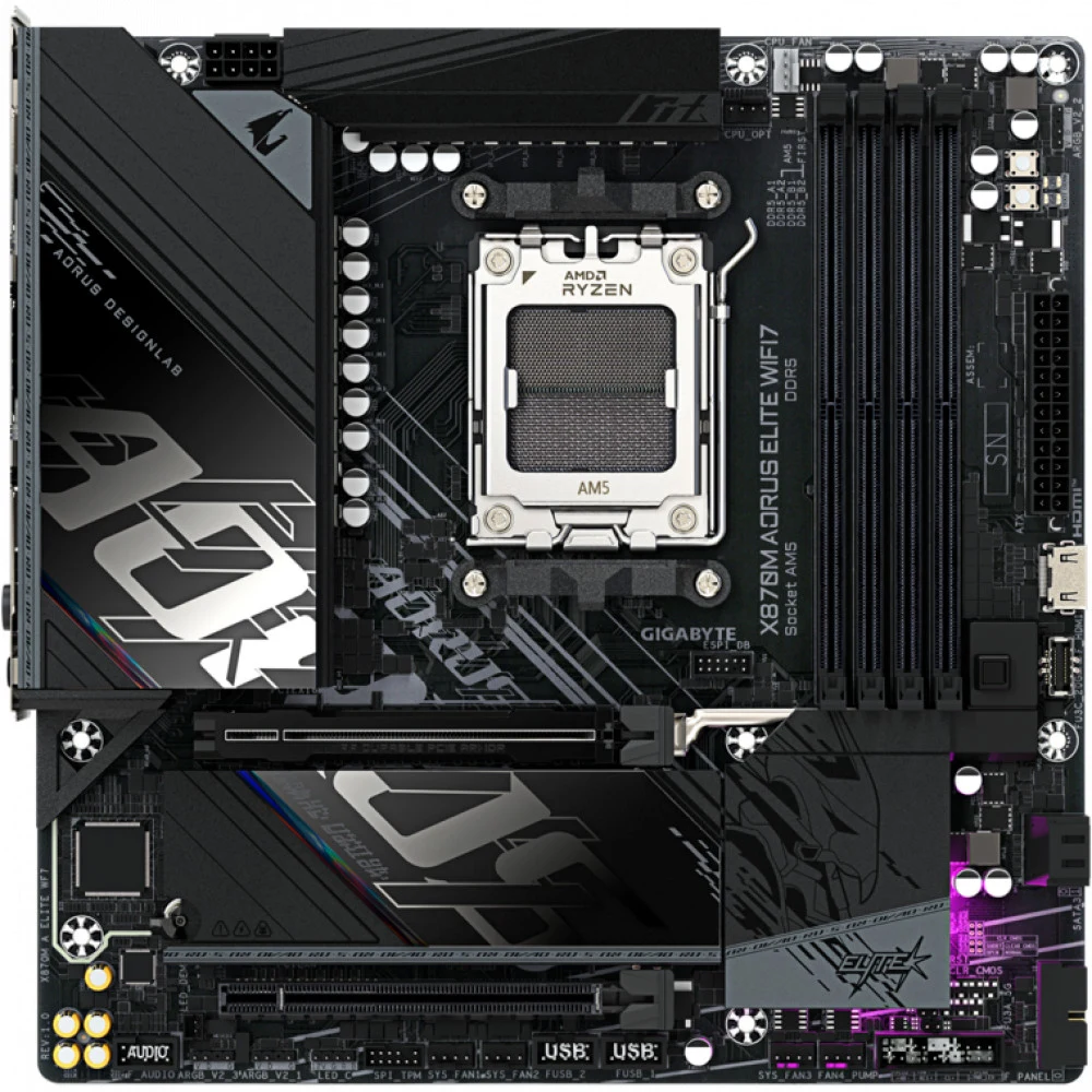 Материнская плата, Gigabyte, X870M AORUS ELITE WIFI7 (4719331874346), AM5, X870, 4xDDR5 4400/4800/5200/8200(OC), 2xSATA3, 2xM.2 (1*PCIe 4.0 x4/x2, 1*PCIe 5.0 x4/x2), Raid, 1xHDMI, 2xUSB4 Type-C®, 2x
