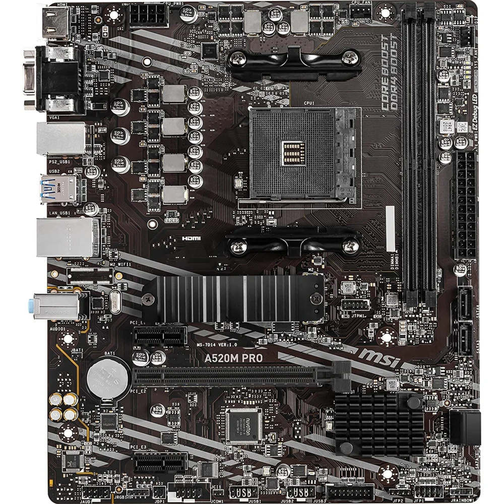 Материнская плата/ MB MSI AMD A520 sAM4, 2xDDR4(64GB), D-SUB/HDMI 2.1/DP, 1xPCIe 3.0x16, 2xPCIe 3.0, 1xLAN, 4xSATA 6Gb/s, 1xM.2, 4xUSB 3.2, 2xUSB 2.0, 1xPS/2, mATX