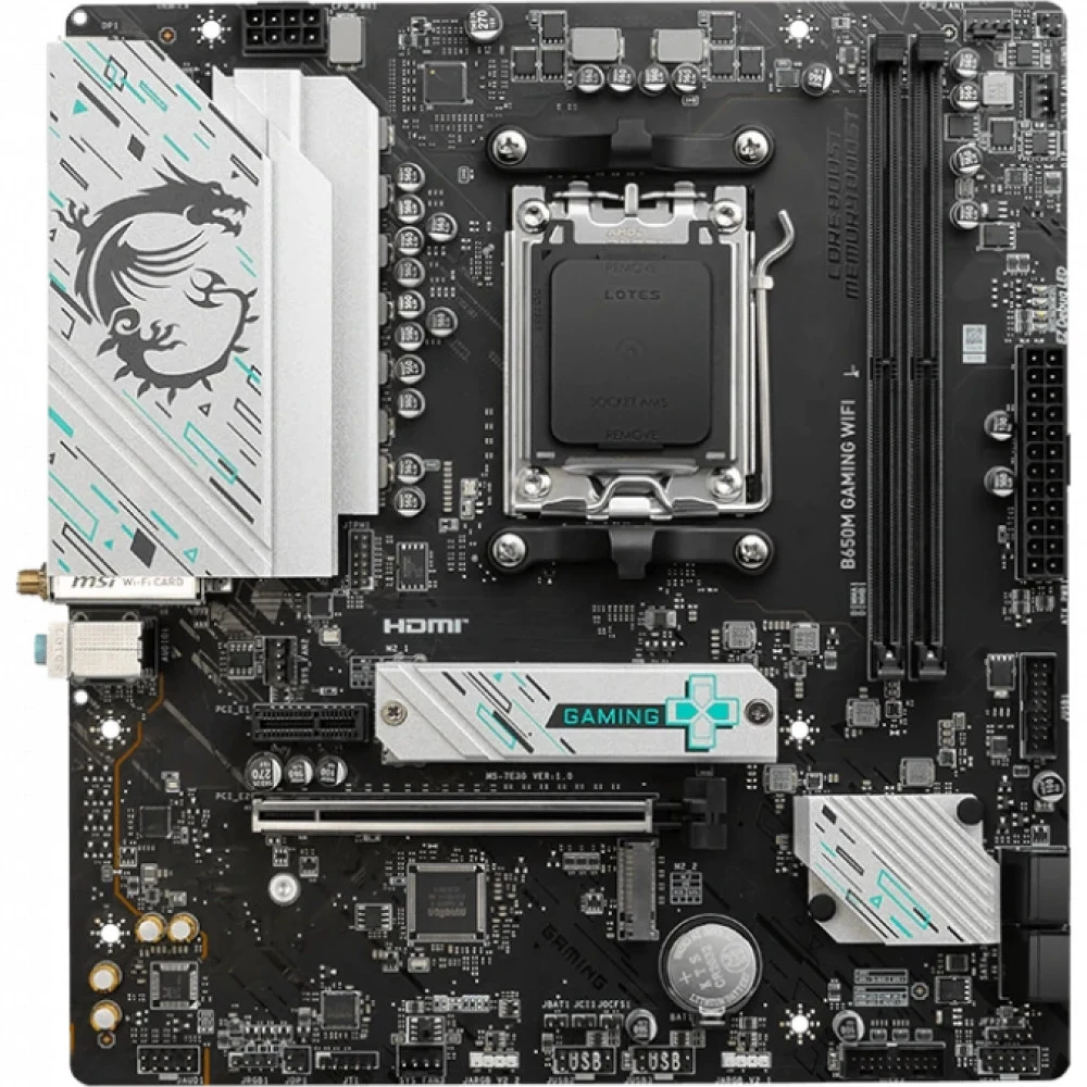Материнская плата/ MB MSI AMD B650 sAM5, 2xDDR5(128GB), HDMI 2.1/DP, 1xPCIe 4.0x16, 1xPCIe 3.0, 1xLAN (2.5GbE), Wi-Fi, BT, 4xSATA 6Gb/s, 2xM.2, 1xUSB-C, 3xUSB 3.2, 2xUSB 2.0, mATX
