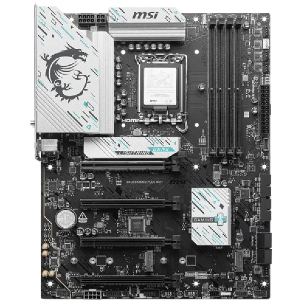 Материнская плата MSI B860 GAMING PLUS WIFI B860, LGA1851, 4*DDR5, 4*PCIEx16, 3*M.2, 1*TypeC, 2*USB3.2Gen2, 6*USB3.2Gen1, 8*USB2.0, 4*SATA3.0, 5G, Type-C(DP), DP, HDMI, ATX, RTL