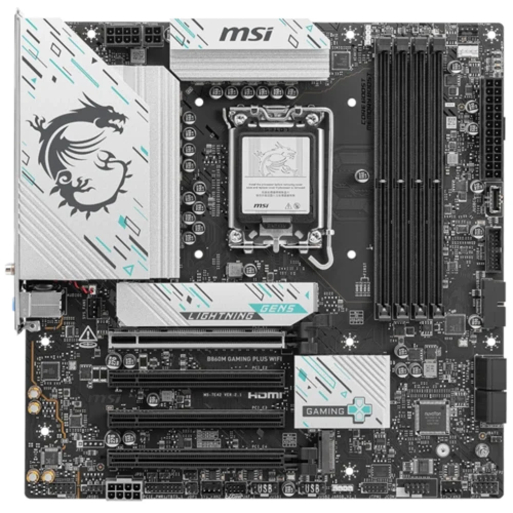Материнская плата MSI B860M GAMING PLUS WIFI B860, LGA1851, 4*DDR5, 4*PCIEx16, 3*M.2, 1*TypeC, 1*USB3.2Gen2, 5*USB3.2Gen1, 6*USB2.0, 4*SATA3.0, 5G, Type-C(DP), DP, HDMI, M-ATX, RTL