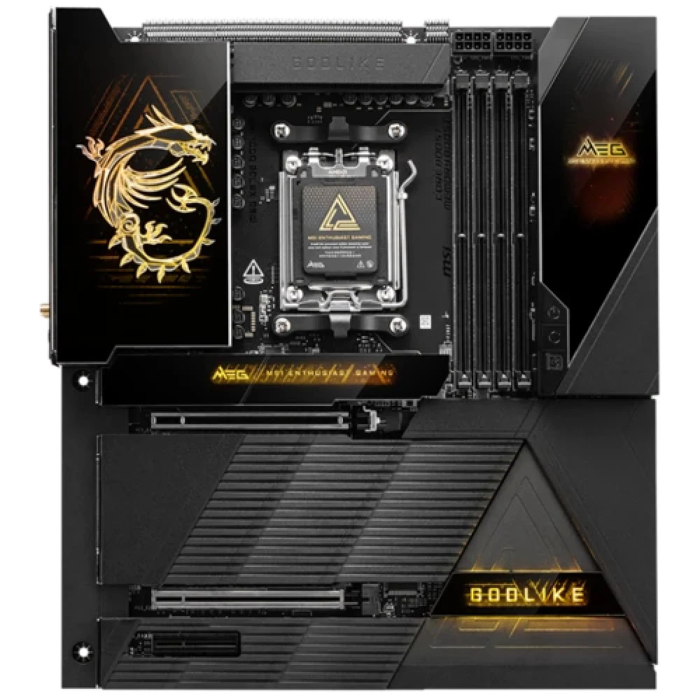 Материнская плата MSI MEG X870E GODLIKE X870E, AM5, 4*DDR5, 2*PCIEx16, 1*PCIEx4, 7*M.2, 7*TypeC, 8*USB3.2Gen2, 4*USB3.2Gen1, 4*USB2.0, 4*SATA3.0, 10G, 5G, 2*Type-C(DP), E-ATX, RTL