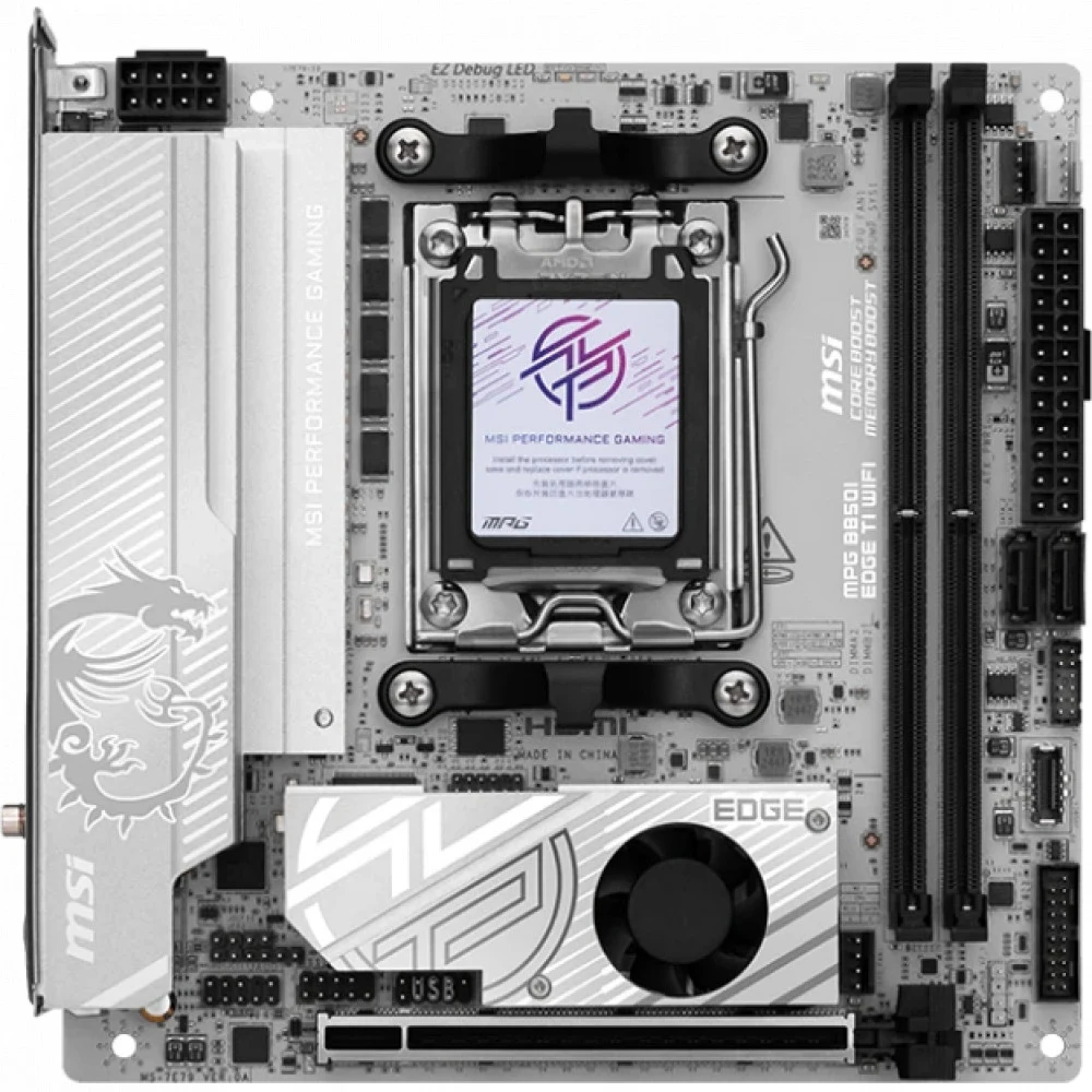 Материнская плата MSI MPG B850I EDGE TI WIFI B850, AM5, 2*DDR5, 1*PCIEx16, 2*M.2, 2*TypeC, 3*USB3.2Gen2, 4*USB3.2Gen1, 2*USB2.0, 2*SATA3.0, 5G, HDMI, ITX, RTL