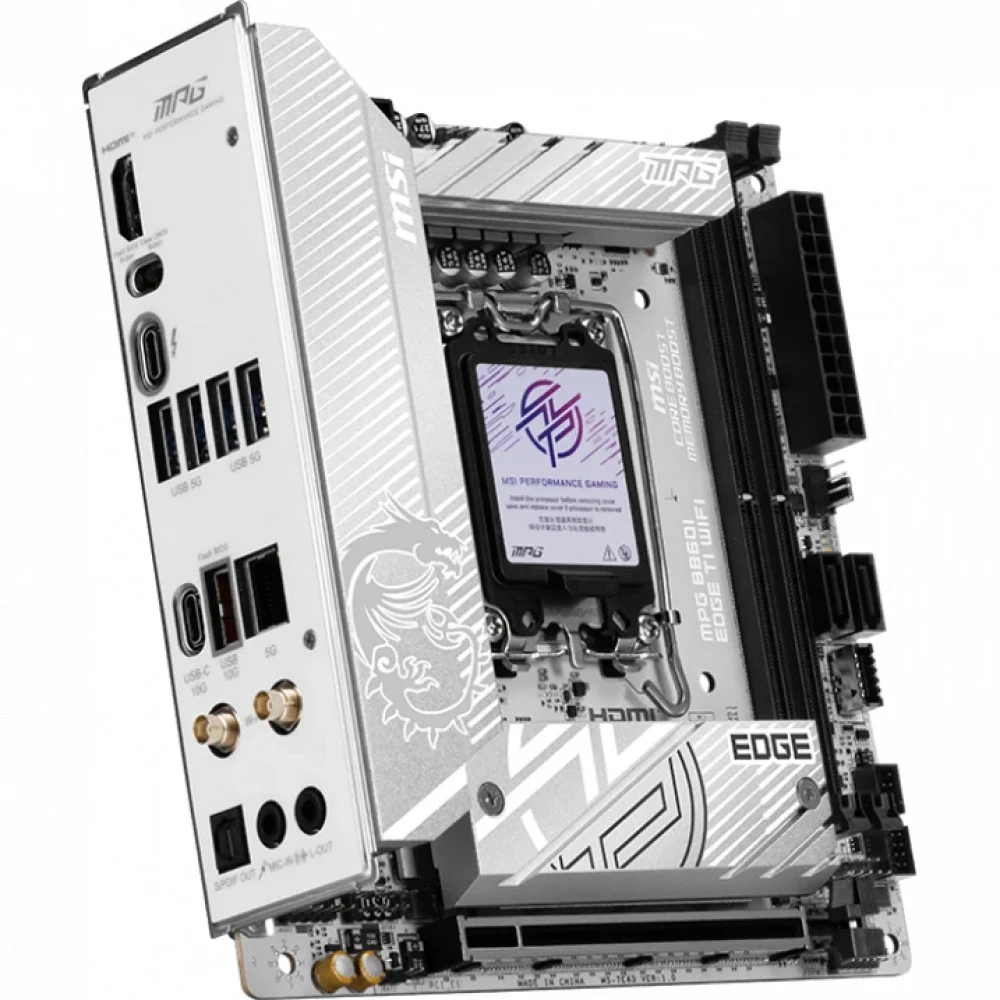 Материнская плата MSI MPG B860I EDGE TI WIFI B860, LGA1851, 2*DDR5, 1*PCIEx16, 2*M.2, 2*TypeC, 1*USB3.2Gen2, 6*USB3.2Gen1, 2*USB2.0, 2*SATA3.0, 2.5G, Type-C(DP), HDMI, ITX, RTL