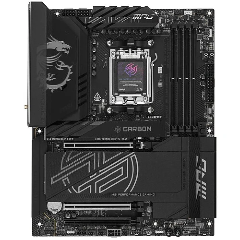 Материнская плата MSI MPG X870E CARBON WIFI X870E, AM5, 4*DDR5, 3*PCIEx16, 4*M.2, 2*TypeC, 9*USB3.2Gen2, 4*USB3.2Gen1, 4*USB2.0, 4*SATA3.0, 5G, 2.5G, 2*Type-C(DP), HDMI, ATX, RTL