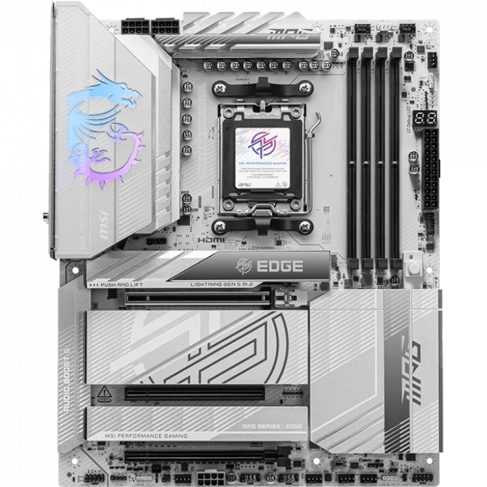 Материнская плата MSI MPG X870E EDGE TI WIFI X870E, AM5, 4*DDR5, 3*PCIEx16, 4*M.2, 3*TypeC, 5*USB3.2Gen2, 4*USB3.2Gen1, 4*USB2.0, 4*SATA3.0, 5G, 2*Type-C(DP), HDMI, ATX, RTL