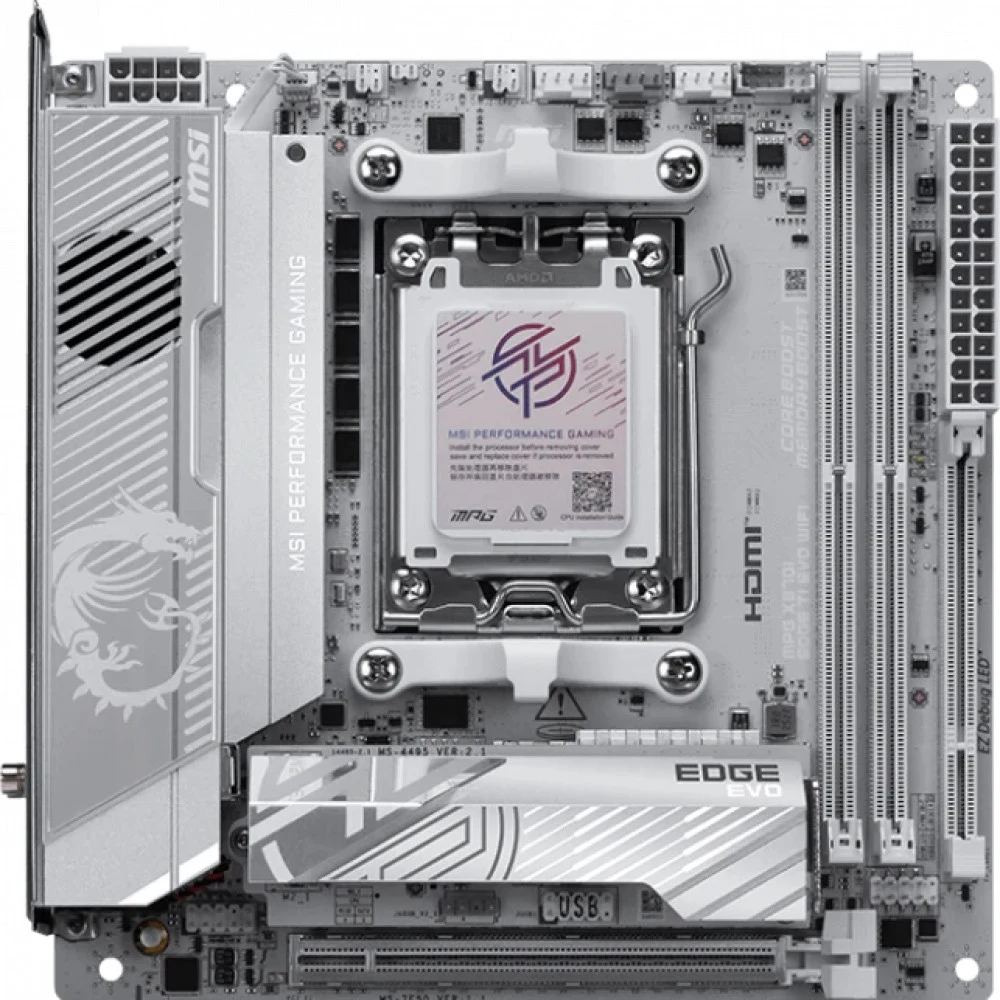 Материнская плата MSI MPG X870I EDGE TI EVO WIFI X870, AM5, 2*DDR5, 1*PCIEx16, 1*M.2, 2*TypeC, 5*USB3.2Gen2, 2*USB3.2Gen1, 2*USB2.0, 2*SATA3.0, 5G, 2*Type-C(DP), HDMI, ITX, RTL
