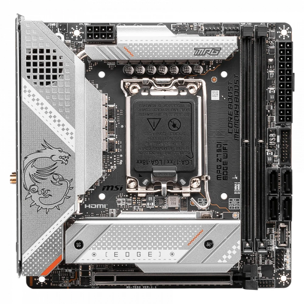 Материнская плата MSI MPG Z790I EDGE WIFI Z790, LGA1700, 2*DDR5, 1*PCIEx16, 1*M.2, 2*TypeC, 2*USB3.2Gen2, 6*USB3.2Gen1, 2*USB2.0, 4*SATA3.0, 2.5G, DP, HDMI, Mini-ITX, RTL