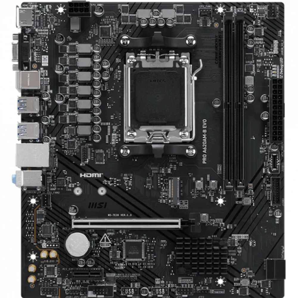 Материнская плата MSI PRO A620AM-B EVO A620, AM5, 2*DDR5, 1*PCIEx16, 1*PCIEx1, 1*M.2, 1*TypeC, 6*USB3.2Gen1, 6*USB2.0, 2*SATA3.0, 2.5G, VGA, HDMI, M-ATX, RTL