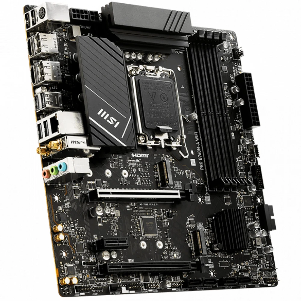 Материнская плата/ MB MSI INTEL B760 s1700, 4xDDR5(256GB), 2xHDMI 2.1/2xDP, 2xPCIe 4.0x16, 1xPCIe 3.0, 1xLAN (2.5GbE), Wi-Fi, BT, 4xSATA 6Gb/s, 2xM.2, 4xUSB 3.2, 2xUSB 2.0, 1xPS/2, mATX
