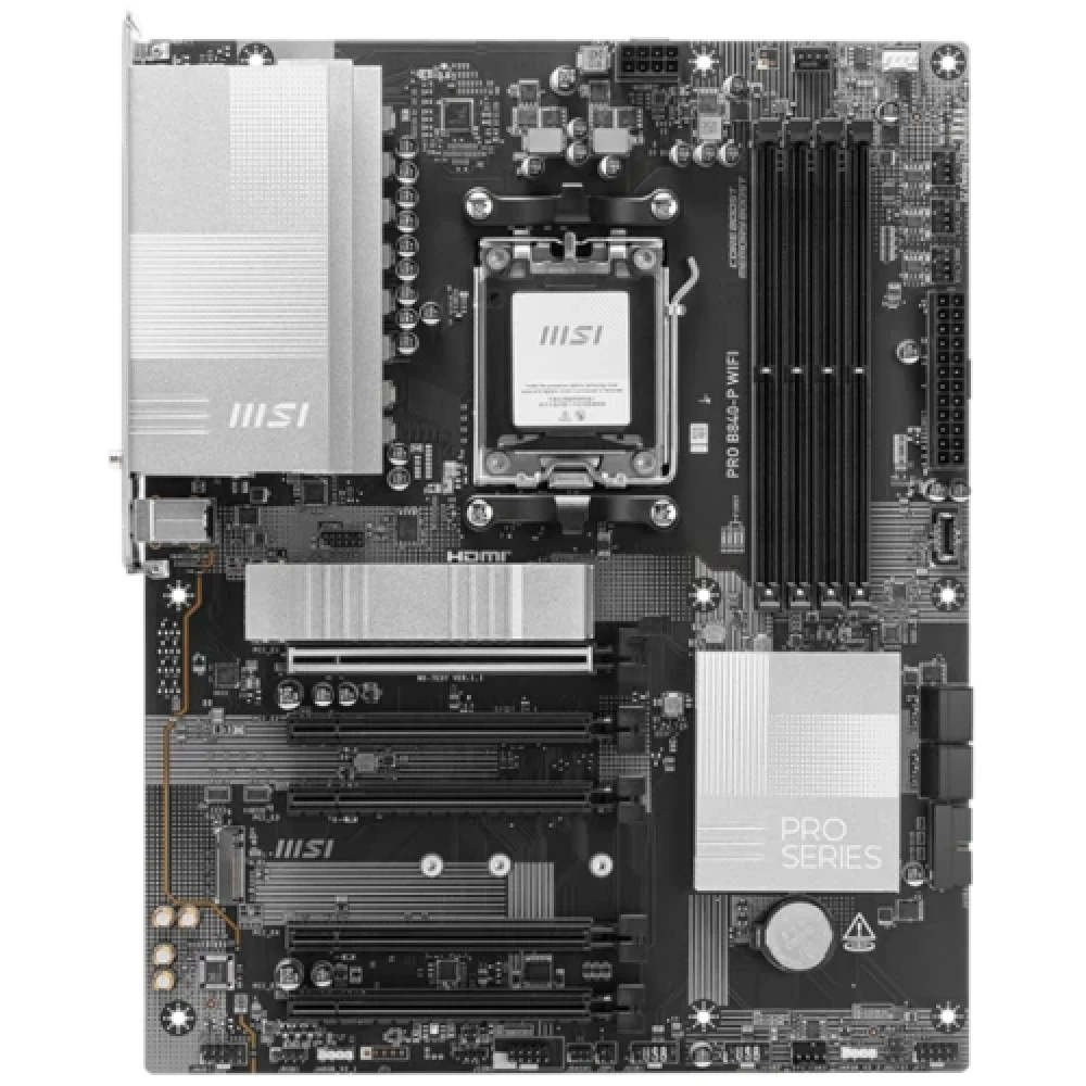 Материнская плата MSI PRO B840-P WIFI B840, AM5, 4*DDR5, 5*PCIEx16, 2*M.2, 2*TypeC, 1*USB3.2Gen2, 4*USB3.2Gen1, 8*USB2.0, 4*SATA3.0, 2.5G, HDMI, ATX, RTL