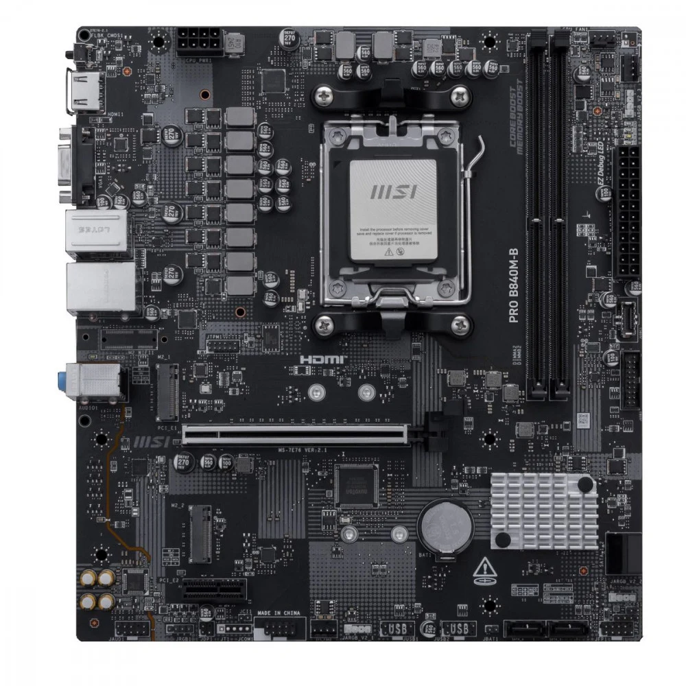 Материнская плата MSI PRO B840M-B B840, AM5, 2*DDR5, 1*PCIEx16, 1*PCIEx1, 2*M.2, 1*TypeC, 6*USB3.2Gen1, 6*USB2.0, 4*SATA3.0, 2.5G, VGA, HDMI, ATX, RTL