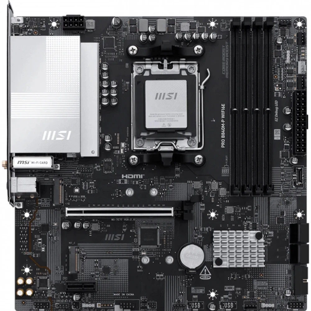 Материнская плата MSI PRO B840M-P WIFI6E B840, AM5, 4*DDR5, 1*PCIEx16, 1*PCIEx1, 2*M.2, 2*TypeC, 1*USB3.2Gen2, 4*USB3.2Gen1, 8*USB2.0, 4*SATA3.0, 2.5G, HDMI, M-ATX, RTL