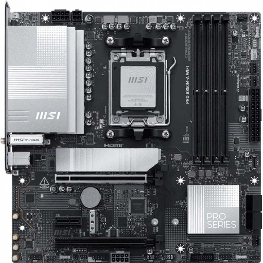 Материнская плата MSI PRO B850M-A WIFI B850, AM5, 4*DDR5, 2*PCIEx16, 1*PCIEx1, 2*M.2, 3*TypeC, 3*USB3.2Gen2, 5*USB3.2Gen1, 4*USB2.0, 4*SATA3.0, 5G, DP, HDMI, M-ATX, RTL