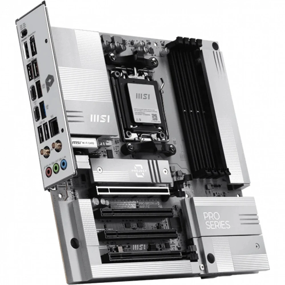 Материнская плата MSI PRO B850M-A WIFI PZ B850, AM5, 4*DDR5, 4*PCIEx16, 2*M.2, 3*TypeC, 3*USB3.2Gen2, 5*USB3.2Gen1, 4*USB2.0, 4*SATA3.0, 5G, DP, HDMI, M-ATX, RTL