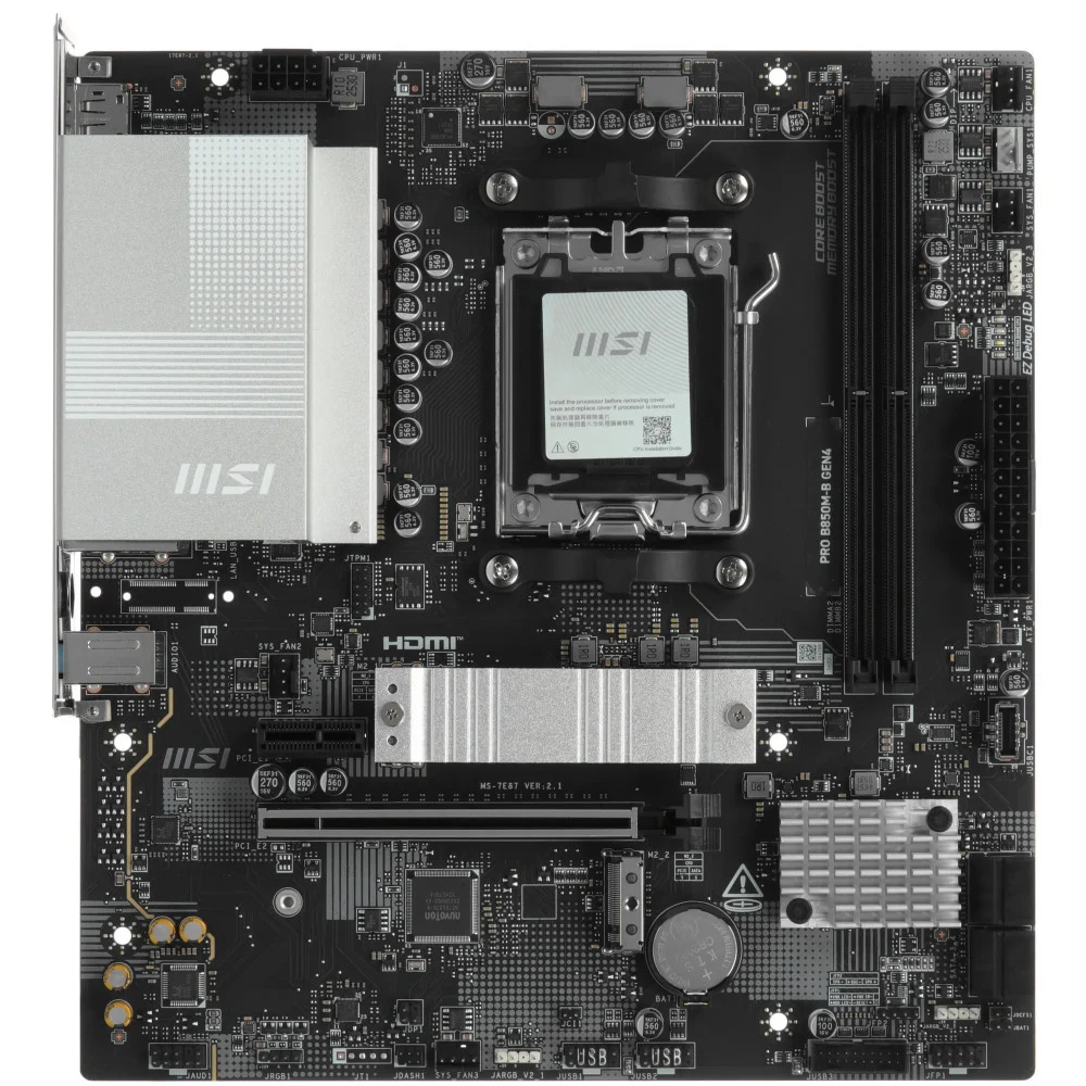 Материнская плата MSI PRO B850M-B GEN4 B850, AM5, 2*DDR5, 1*PCIEx16, 1*PCIEx1, 2*M.2, 1*TypeC, 4*USB3.2Gen1, 6*USB2.0, 4*SATA3.0, 2.5G, DP, HDMI, M-ATX, RTL