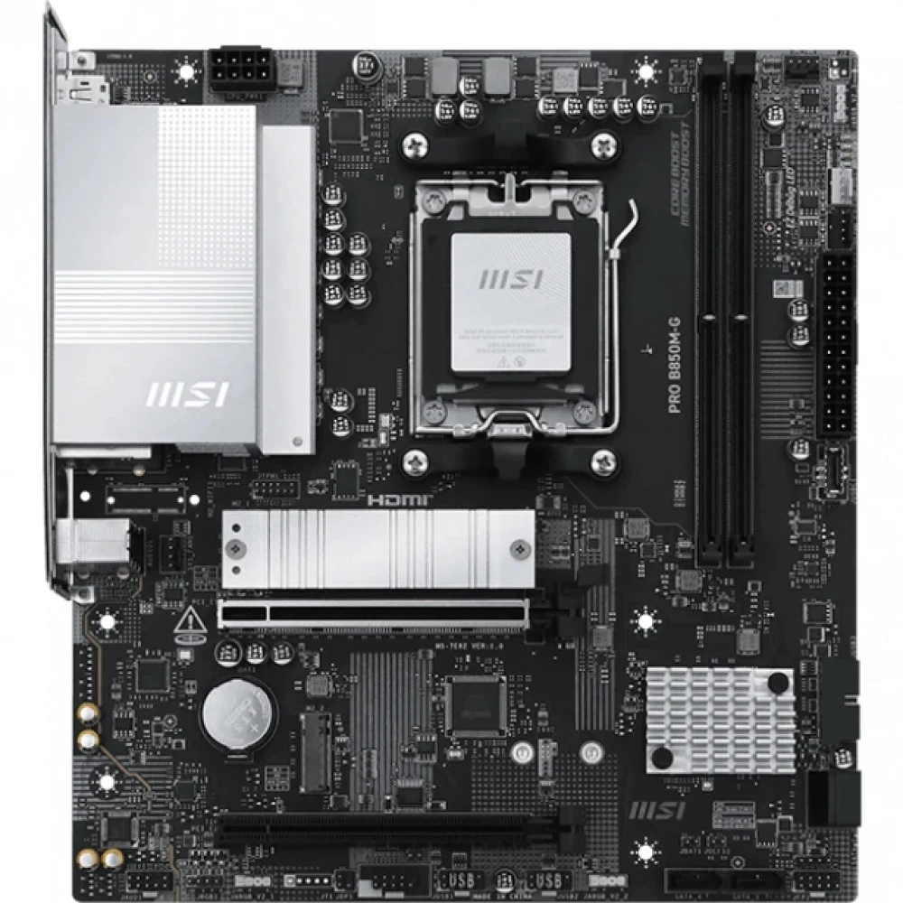 Материнская плата MSI PRO B850M-G B850, AM5, 4*DDR5, 2*PCIEx16, 2*M.2, 2*TypeC, 5*USB3.2Gen1, 6*USB2.0, 4*SATA3.0, 5G, DP, HDMI, M-ATX, RTL