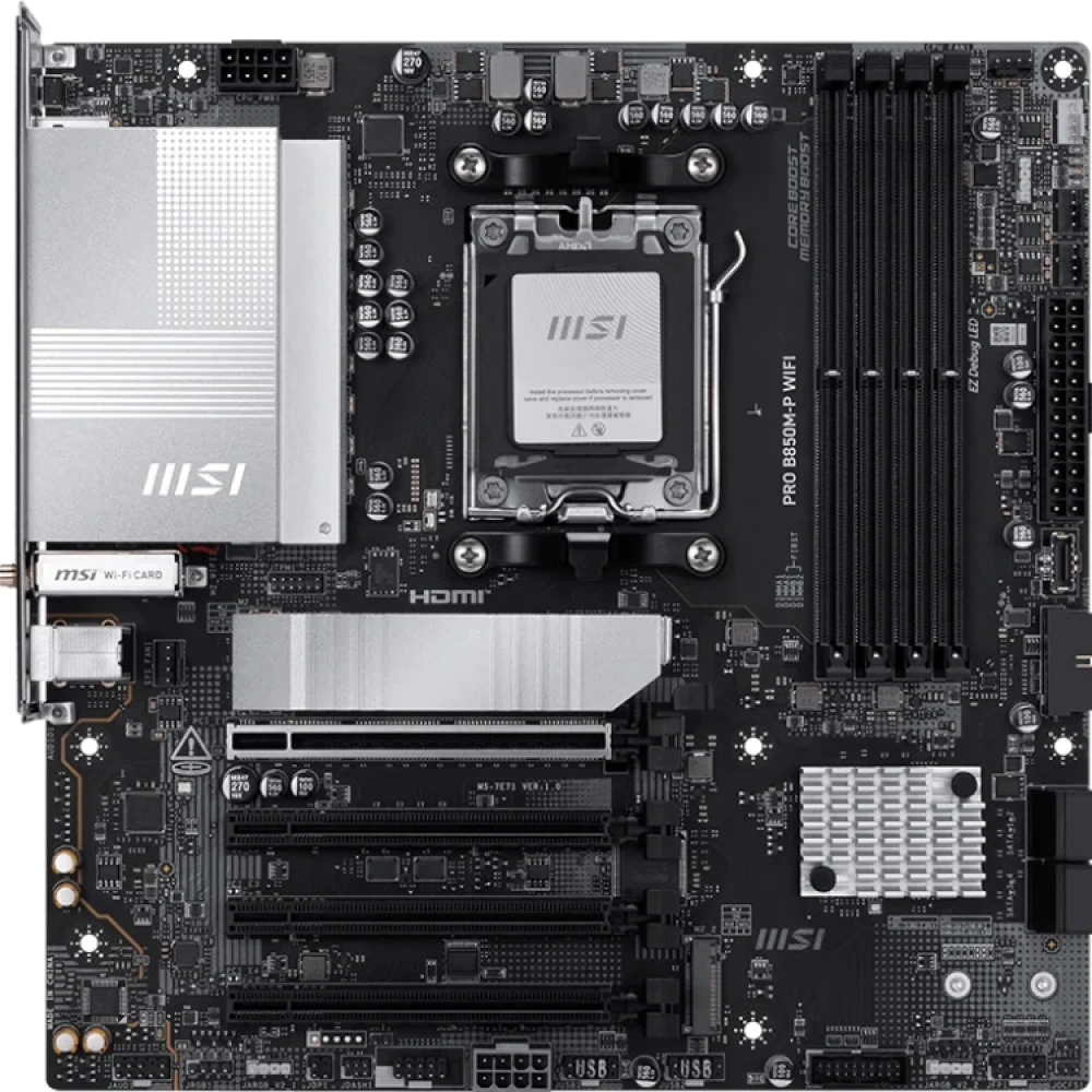 Материнская плата MSI PRO B850M-P B850, AM5, 4*DDR5, 4*PCIEx16, 3*M.2, 2*TypeC, 1*USB3.2Gen2, 6*USB3.2Gen1, 8*USB2.0, 4*SATA3.0, 5G, DP, HDMI, M-ATX, RTL