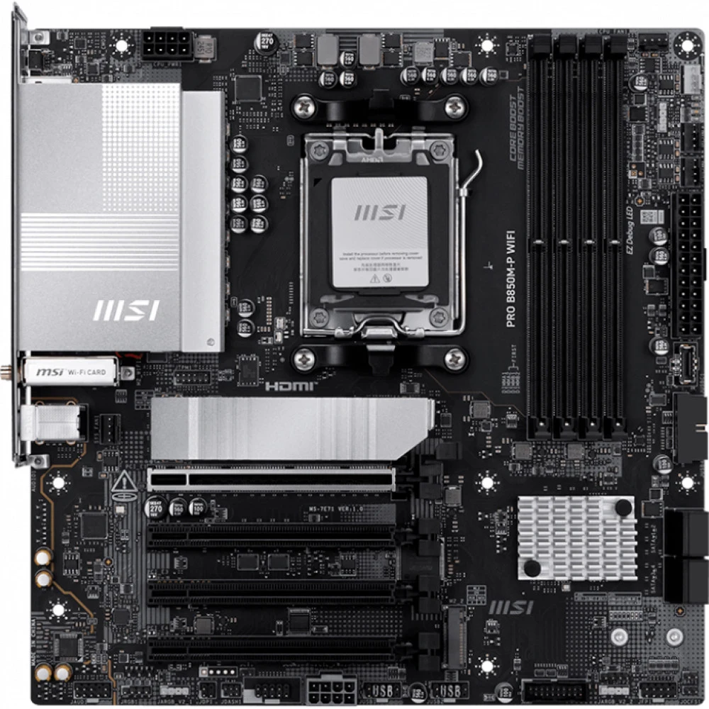 Материнская плата MSI PRO B850M-P WIFI B850, AM5, 4*DDR5, 4*PCIEx16, 3*M.2, 3*TypeC, 1*USB3.2Gen2, 5*USB3.2Gen1, 8*USB2.0, 4*SATA3.0, 5G, HDMI, ATX, RTL
