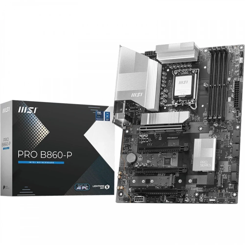 Материнская плата MSI PRO B860-P B860, LGA1851, 4*DDR5, 4*PCIEx16, 3*M.2, 1*TypeC, 2*USB3.2Gen2, 6*USB3.2Gen1, 8*USB2.0, 4*SATA3.0, 5G, Type-C(DP), DP, HDMI, ATX, RTL