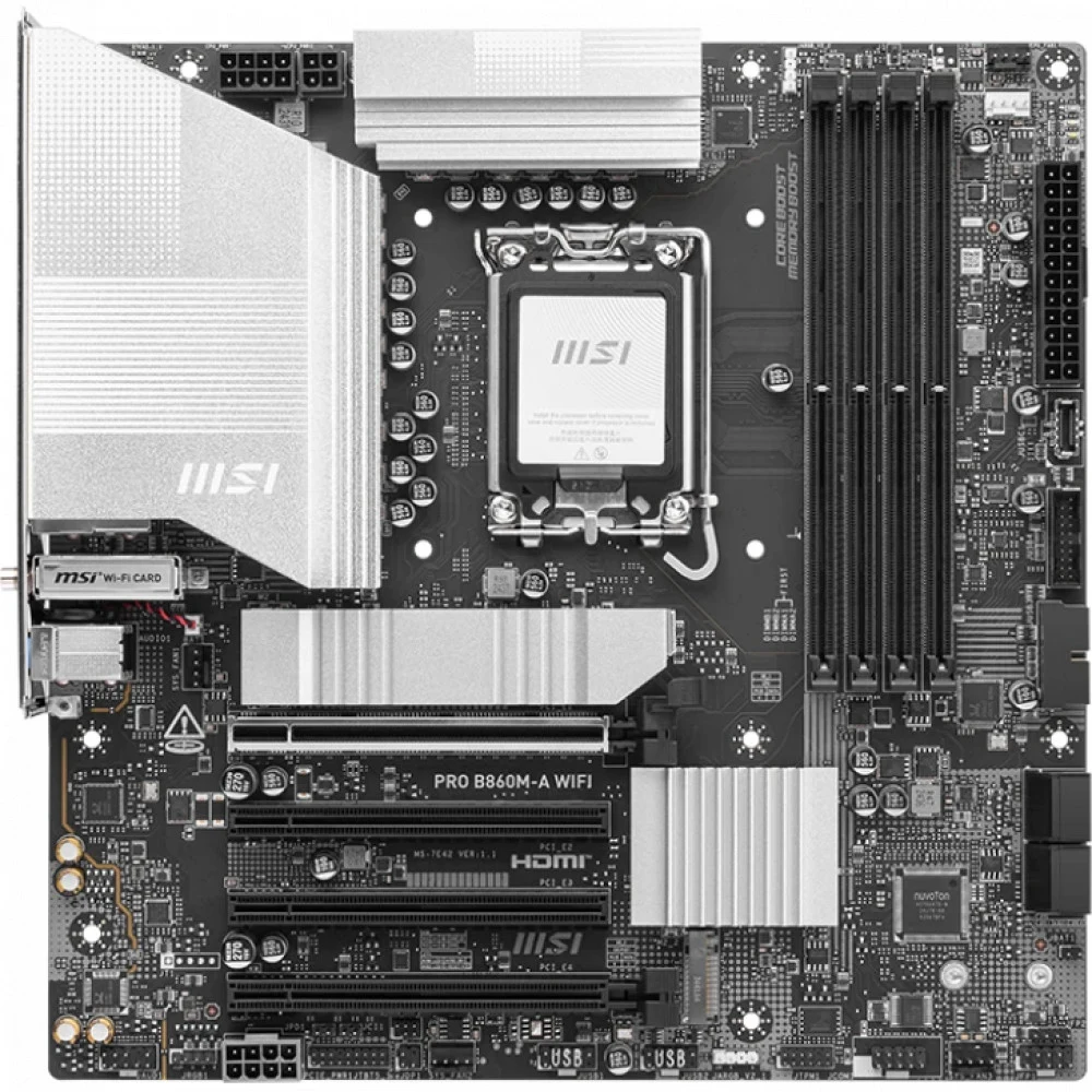 Материнская плата MSI PRO B860M-A WIFI B860, LGA1851, 4*DDR5, 4*PCIEx16, 3*M.2, 2*TypeC, 3*USB3.2Gen2, 6*USB3.2Gen1, 2*USB2.0, 4*SATA3.0, 5G, Type-C(DP), DP, HDMI, M-ATX, RTL